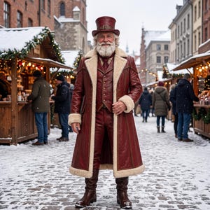 May include: A person with a white beard wearing a dark red leather top hat, a matching long leather coat with cream-colored faux fur trim, a vest, and trousers. The outfit includes a dark red tie and brown leather boots, standing in a snowy market.