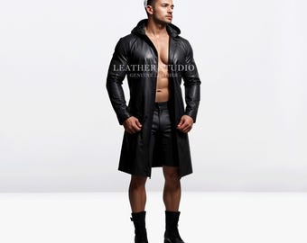 Handmade Genuine Real Soft Cow Leather Black Men Long Coat Trench