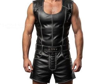 Handmade Men's Genuine Leather Vest & Shorts Set | Custom Black Streetwear Outfit | Personalized Biker Style | Tailored Muscle Fit