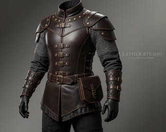 Chaqueta de armadura de cuero medieval, disfraz de guerrero de piel de vaca auténtica hecho a mano, túnica de cosplay de LARP con brazaletes y bolsa, hecho a medida