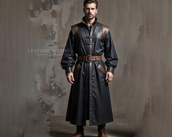 Custom Black Leather Cosplay Long Coat for Men | Men's Designer Stand Collar Cosplay Coat | Black Leather Trench Coat | Leather Cosplay Coat