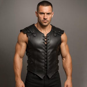 May include: Black leather vest with shoulder accents and a lace-up front. The vest features decorative buckles and a tailored fit. The garment is designed with a V-neck and is worn over a black shirt.