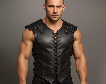 Men’s Black Gladiator Leather Vest | Warrior Armor Corset Style Vest | Gothic Cosplay Festival Costume | Custom Handmade Biker Vest
