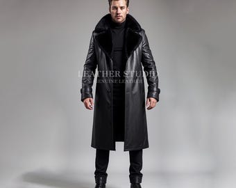 Genuine Black Leather Long Coat for Men - Real Leather Long Coat with Fur Collar - Customizable Black Leather Coat - Winter Men’s Coat