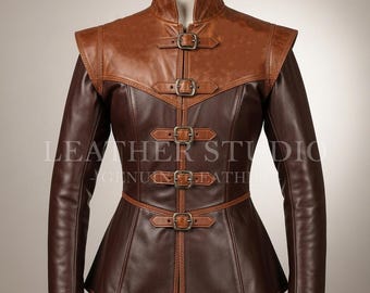 Handmade Women’s Genuine Leather Jacket | Brown Medieval Renaissance Coat | Custom Steampunk Cosplay Buckle Outfit
