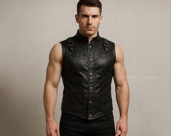 Echt zwart leren steampunkvest | Op maat gemaakte leren mouwloze jas | Gepersonaliseerde leren kleding voor heren