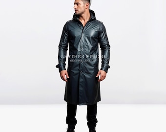 Stylish Leather Long Coat Men - Genuine Cowhide Black Leather Raincoat - Men Leather Trench Coat - Personalized Black Leather Jacket