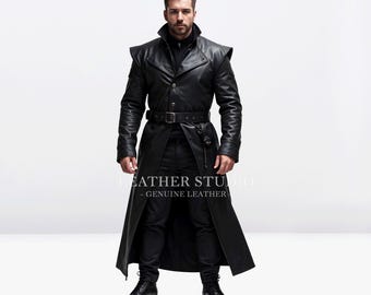 100% Real Black Leather Long Coat for Men - Medieval Black Leather