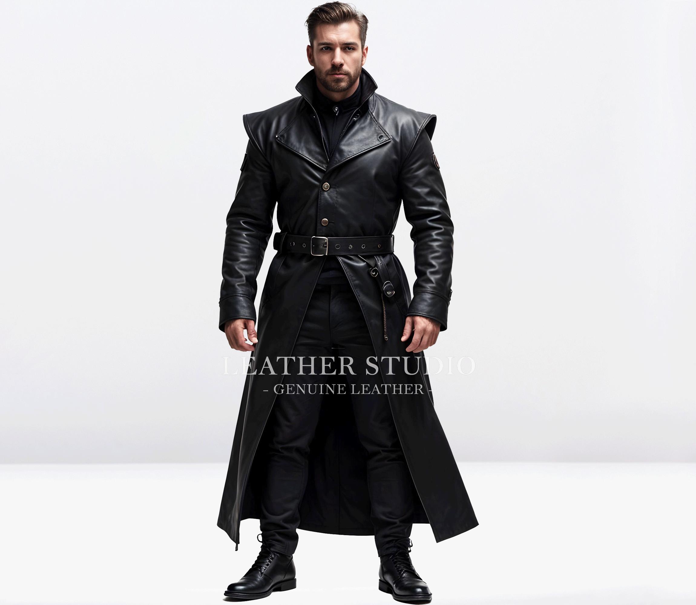 100% Real Black Leather Long Coat for Men - Medieval Black Leather
