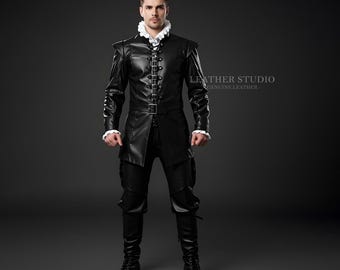 Custom Black Leather Halloween Suit for Men | Gothic Leather Shirt and Pant Set | Classic Halloween Jacket and Pant Costume