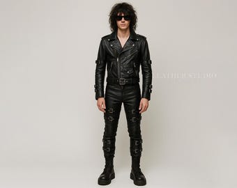 Full Buckled Black Leather Set for Men | Biker Bondage Jacket & Pants | Gothic Cyberpunk Fetish Fashion