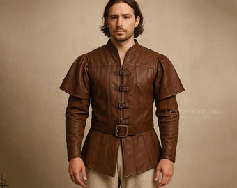 Handmade Men's Leather Warrior Jacket – Medieval Fantasy Doublet with Belt | Custom LARP Cosplay Armor Costume | Real Cowhide Brown Tunic