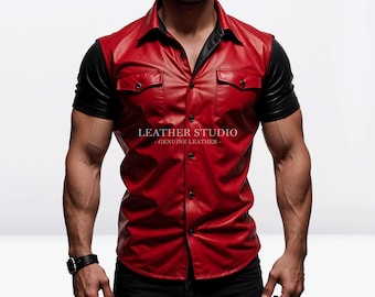 Camicia da uomo in vera pelle rossa al 100% - Camicia da uomo in pelle rossa e nera fatta a mano a mezza manica - Camicia da uomo in pelle classica - Regalo per lui