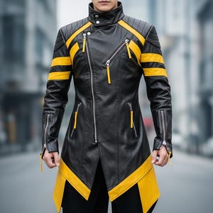 Puede incluir: Chaqueta de cuero negra con detalles amarillos. La chaqueta presenta un cuello alto, múltiples bolsillos con cremallera y rayas amarillas en los hombros y las mangas. Tiene un corte largo y asimétrico con ribete amarillo en el dobladillo. La chaqueta mide unos 90 cm de largo.