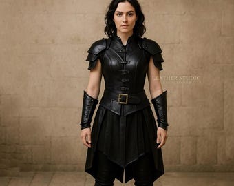 Handmade Black Leather Armor Dress | Custom Women’s Genuine Leather Cosplay Outfit | Medieval Fantasy LARP Costume