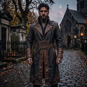 May include: A long, structured coat crafted from black and brown leather, featuring a high collar, multiple buckled straps across the chest and waist, and wide cuffs. The garment includes metallic hardware accents and a layered, paneled design.