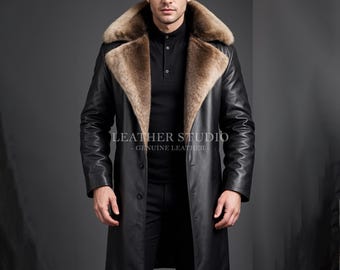Genuine Black Leather Trench Coat for Men | Real Leather Long Coat with Fur | Customizable Leather Coat for Men | Stylish & Warm Winter Coat