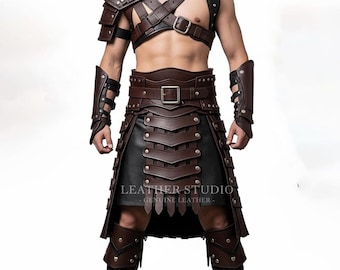 Handmade Brown & Black Leather Gladiator Armor Set | Custom LARP Harness, Kilt and Bracers | Medieval Renaissance Cosplay Outfit