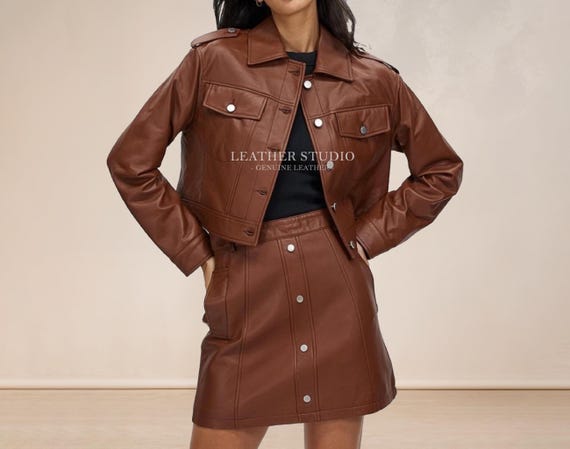 brown leather jacket with mini skirt Brown Leather Cropped Jacket and Skirt Set Customizable Genuine