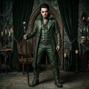 May include: A dark green leather trench coat with a high collar, multiple buckles, and straps, worn over a matching vest and trousers. The outfit includes tall buckled boots and a long black staff topped with a faceted, diamond-shaped crystal finial.