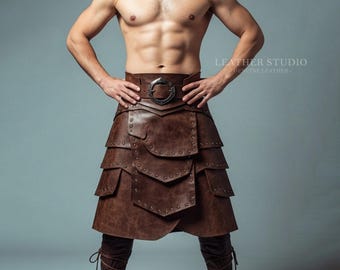 Handgemaakte lederen kilt voor heren | Aangepaste middeleeuwse Viking-rok | Gepersonaliseerde renaissance-cosplay-outfit | Op maat gemaakt fantasie LARP-kostuum
