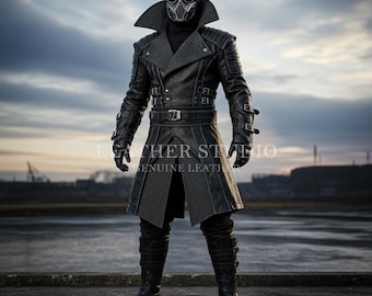 May include: A black leather coat with a gray collar and accents, featuring multiple buckles and a belt. The coat is paired with matching black gloves, boots, and a mask with goggles. The text "LEATHER STUDIO GENUINE LEATHER" is visible.