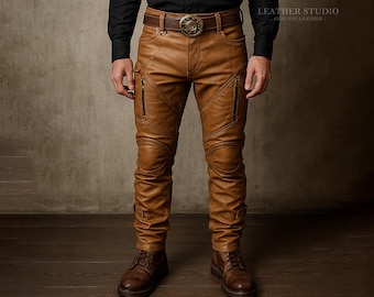 Custom Brown Leather Steampunk Pants for Men | Gothic Festival Cosplay Trousers | Handmade Renaissance Bottoms
