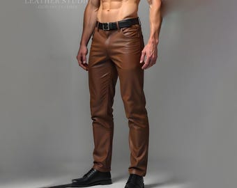Pantalón de cuero marrón hecho a mano para hombre / Pantalón de cuero auténtico / Pantalón de cuero gótico / Pantalón de cuero steampunk / Pantalón gótico para hombre / Pantalón de armadura de cuero