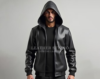 Sudadera con capucha de cuero negro genuino para hombres / Sudadera con capucha de cuero personalizada / Sudadera con capucha elegante y duradera para hombres / Prendas de abrigo de cuero perfectas