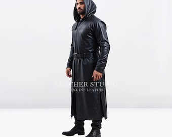 Handmade Genuine Real Cow Leather Front Zipper Men Long Trench