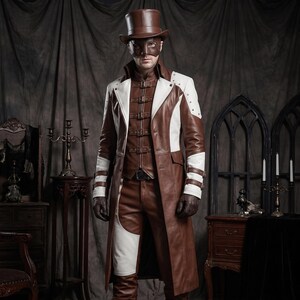 May include: A brown and white leather long coat featuring a high collar, multiple front buckle straps, and matching brown leather gloves. The ensemble includes a brown top hat and a matching brown eye mask, creating a cohesive, structured appearance.