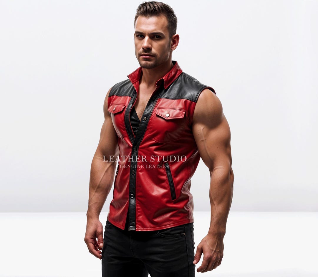100% Genuine Red Leather Shirt Men - Handmade Red & Black Leather ...