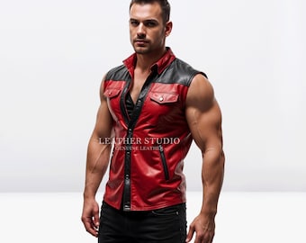 Camicia da uomo in vera pelle rossa al 100% - Camicia senza maniche in pelle rossa e nera fatta a mano - Camicia classica in pelle da uomo - Regalo per lui