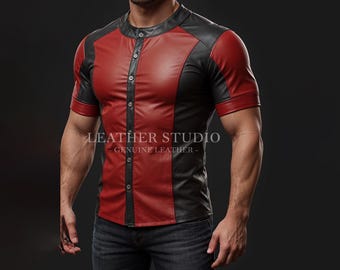 Camicia in vera pelle rossa al 100% da uomo - Camicia in pelle rossa e nera fatta a mano a mezza manica da uomo - Camicia in pelle classica da uomo - Regalo per lui