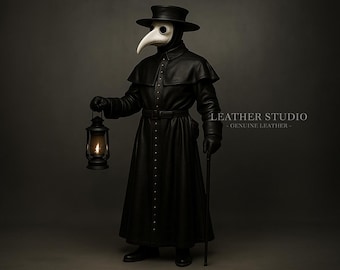 May include: A person in a black leather plague doctor costume, including a long coat, hat, gloves, and a bird-like mask. The person holds a lit lantern and a cane. The text "LEATHER STUDIO - GENUINE LEATHER -" is visible.