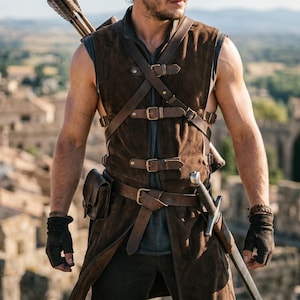Handmade Men Leather Buckle Tunic Vest Brown Medieval Archer Jerkin Long Sleeveless Leather Vest Fantasy LARP Cosplay Costume