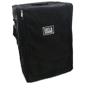 May include: Black padded carrying case with a zipper and a handle. The case has a white label with the text "SAFE & SOUND".