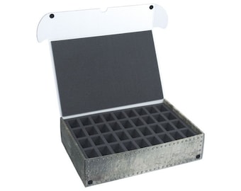 May include: An open, gray cardboard box with a foam interior. The box has a distressed metal look and is divided into 36 compartments.
