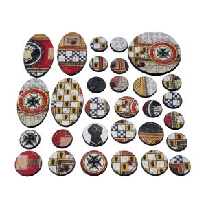 May include: A selection of miniature bases in diverse shapes and sizes. The bases showcase detailed designs, including checkerboard patterns, crosses, and fist symbols. The colour scheme incorporates red, yellow, black, and white, resulting in a detailed and visually appealing set.
