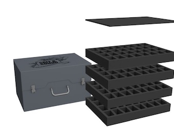 May include: A grey metal storage box with a black foam insert. The box has a handle and a label that says "Battlefoam". The foam insert is divided into 48 squares.