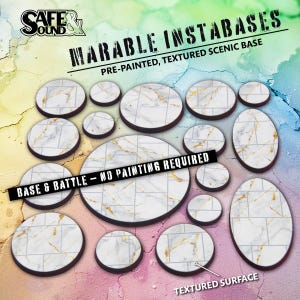 Puede incluir: Una colección de bases escénicas pre-pintadas y texturizadas con diseño de mármol. Las bases tienen varias formas y tamaños, incluyendo círculos y óvalos. El texto "MARABLE INSTABASES" y "BASE & BATTLE - NO PAINTING REQUIRED" es visible.