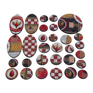 May include: A selection of miniature bases in various shapes, including oval and circular. The bases feature detailed designs with red, white, black, and gold colour schemes. Some bases have a checkered pattern, others display a winged emblem.