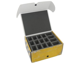 May include: An open yellow and black box with a gray foam insert. The foam insert has 16 compartments.