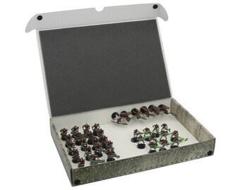 May include: A white cardboard box with a gray foam insert, open to reveal a collection of miniature figures. The figures are made of metal and painted in various shades of brown, green, and gray. The figures are arranged in rows and columns, and some are holding weapons.
