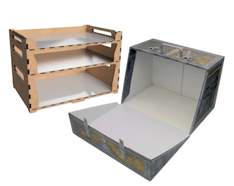 May include: A three-tiered open storage shelf made of light brown composite material with white surfaces, alongside a rectangular storage case featuring a gray and gold patterned exterior, a top handle, and a hinged lid that opens to reveal a white interior.