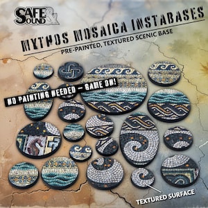 May include: A set of 15 pre-painted, textured, round and oval scenic bases for miniature games. The bases feature a mosaic design with blue, white, and gold colours. The bases are labelled "Mythos Mosaica Instabases" and "No Painting Needed - Game On!"