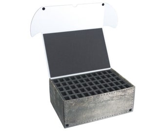May include: A gray and silver storage box with a foam insert and a hinged lid. The box has a distressed metal look and is designed to hold small items.