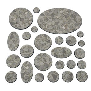 Pode incluir: Uma coleção de vinte e duas bases circulares e ovais para figuras em miniatura, cada uma com uma superfície texturizada com um padrão de lajes cinzentas e cinzentas claras, juntas escuras e uma borda preta sólida.