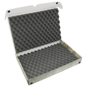May include: An open white cardboard box with a grey foam interior. The box is designed for shipping fragile items.