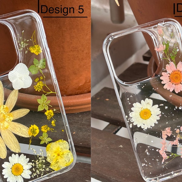 Transparent 'Flower Case' mobile phone case for iPhone 11/12/13/14 Pro/Max/Mini/Plus: silicone with real, dried, pressed flowers, handmade